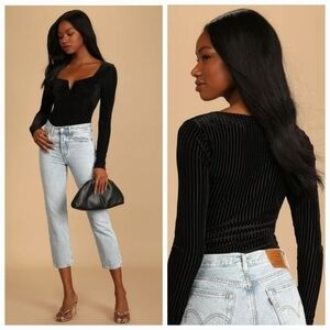 LuLu Ready To Go Out Black Velvet Striped Long Sleeve Bodysuit Size Medium